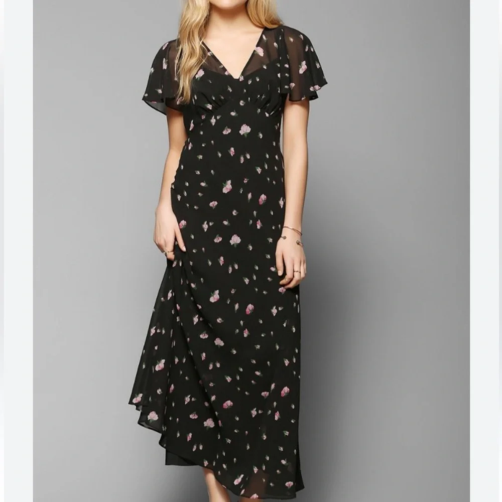 Betsey Johnson X Urban Outfitters Black Floral Flutter Sleeve Maxi Dress Size 4 - Picture 3 of 10